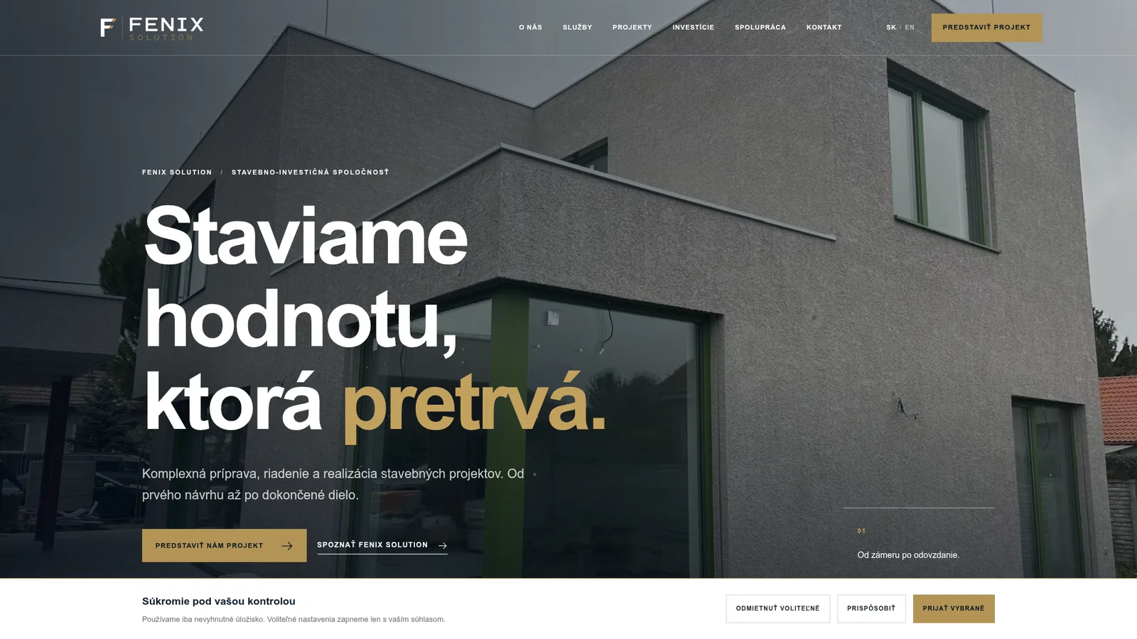 Fenix Solution — Digitálna prezentácia stavebno-investičnej spoločnosti postavená na dôvere, veľkej typografii a prémiovej prezentácii realizácií.